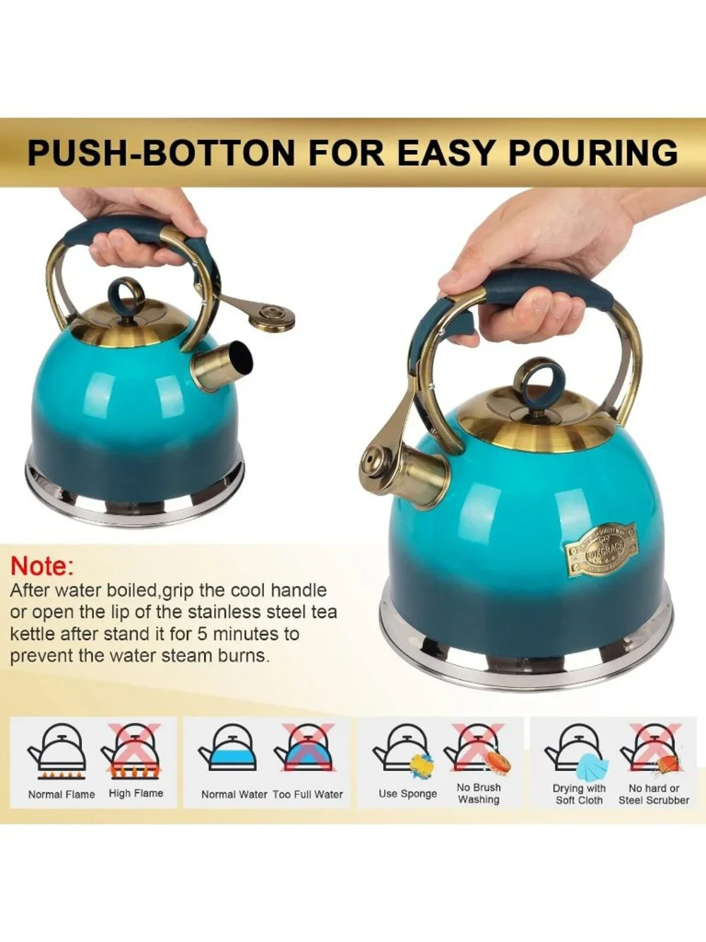 Blue Whistling Stainless Steel Kitchen Tea Kettles 2.6 Quart Stovetop Induction